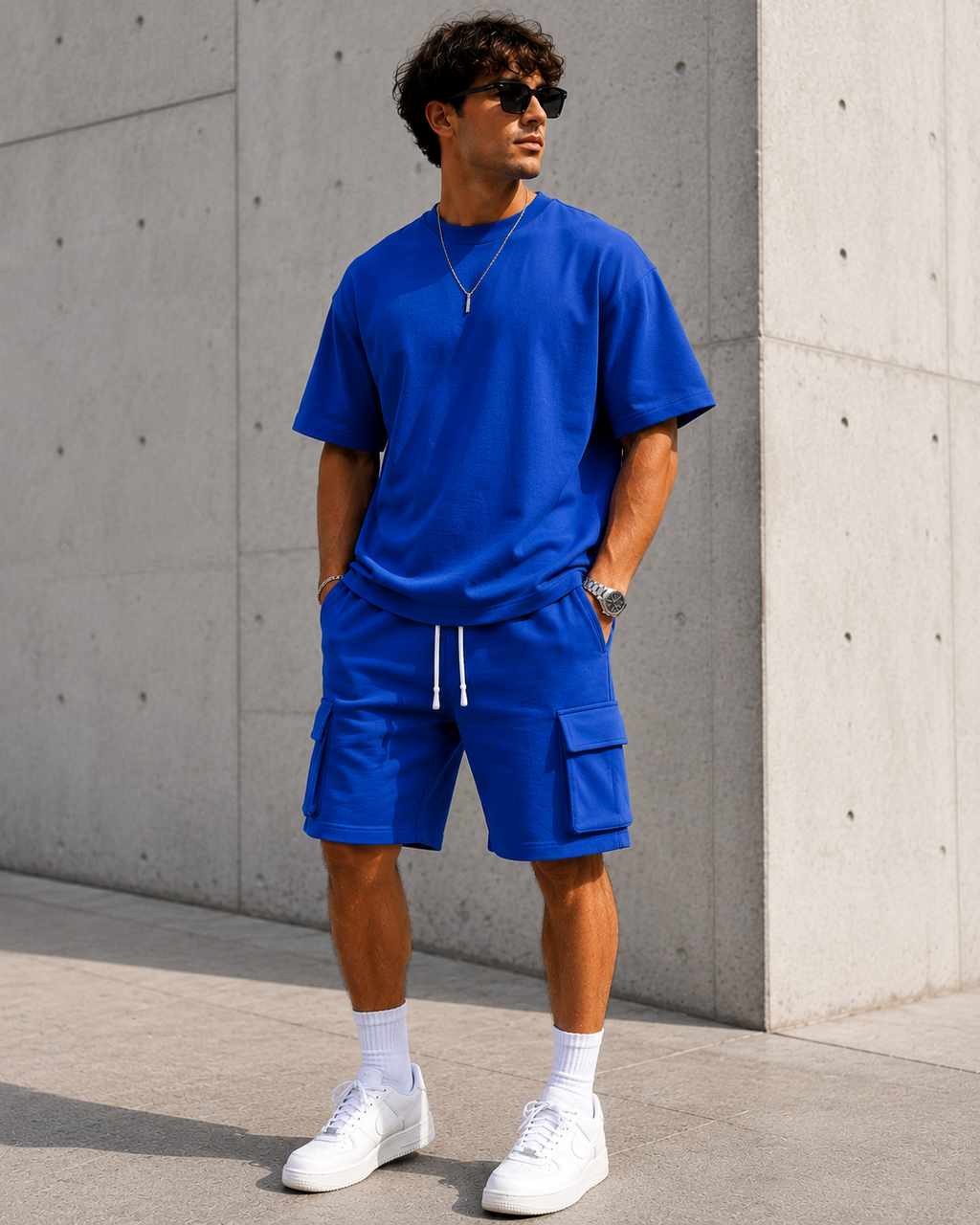 Men's Premium Oversized T-Shirt & Cargo Shorts Set | Casual Summer Co-Ord - Blue