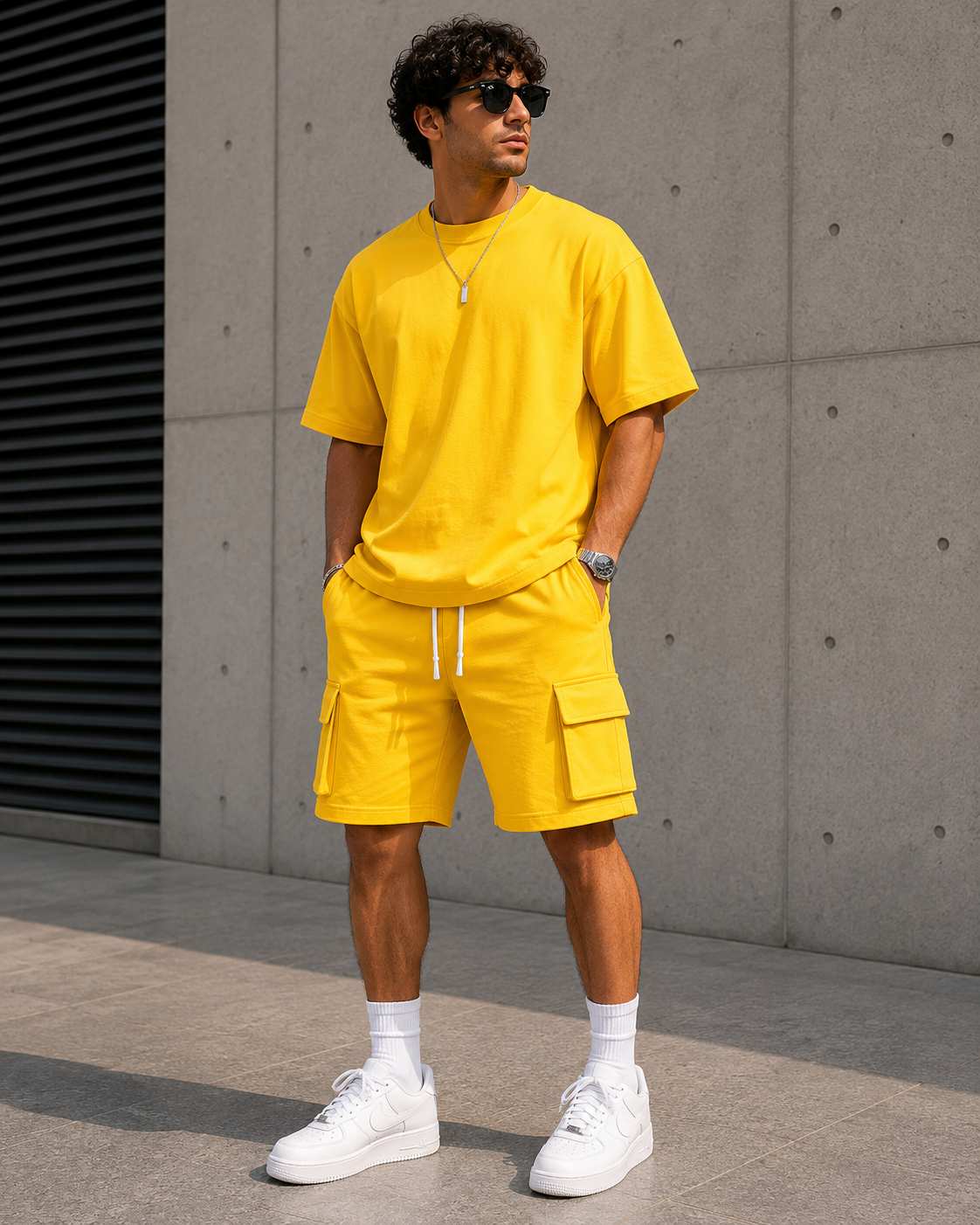 Men's Premium Oversized T-Shirt & Cargo Shorts Set | Casual Summer Co-Ord - Yellow
